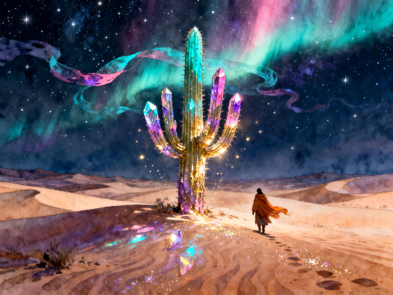 Starlit Desert Traveler Meets Glowing Auroraspine Cactus
