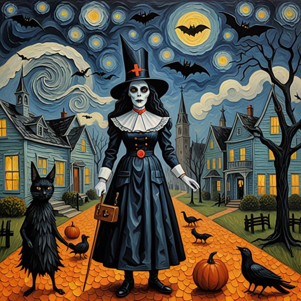 Spooky Festival Nurse in Surreal Impasto Oil Style