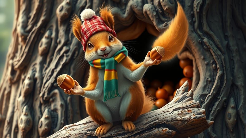 Squirrel Juggling Acorns: Airbrush Art in Deep Saturation