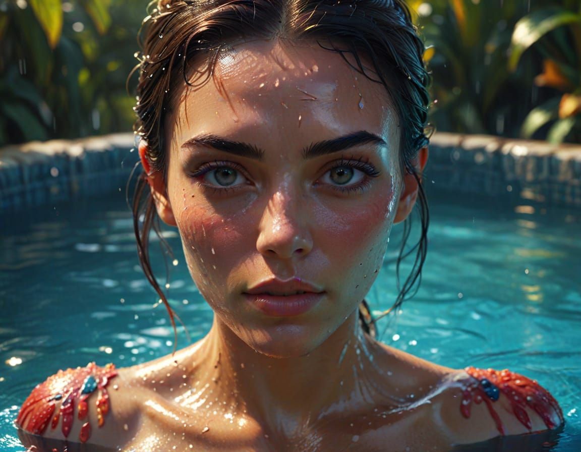 Woman in Pool: Hyperrealistic Splash Art Portrait