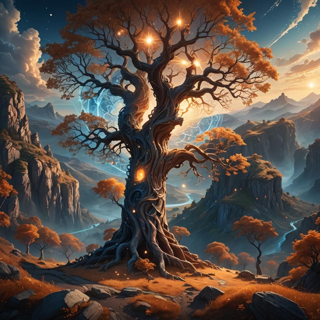 Majestic Glowing Tree on Crystal Hill: Digital Matte Paintin...
