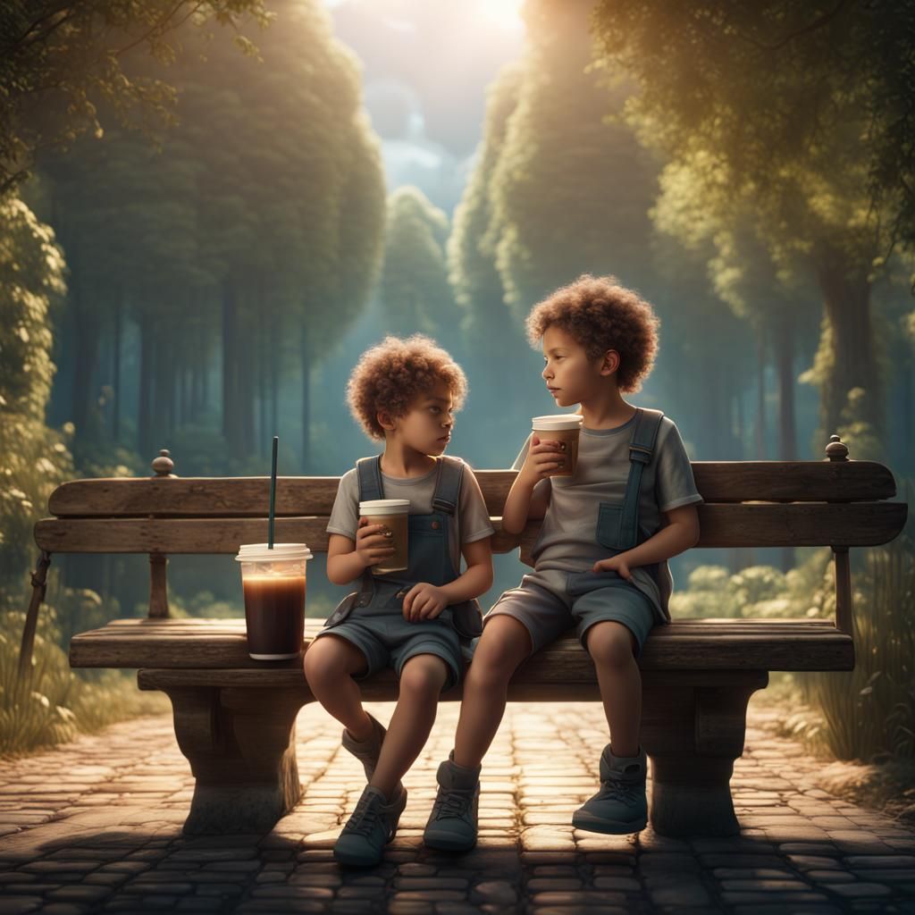 Twins with Iced Coffee in Summer Matte Painting