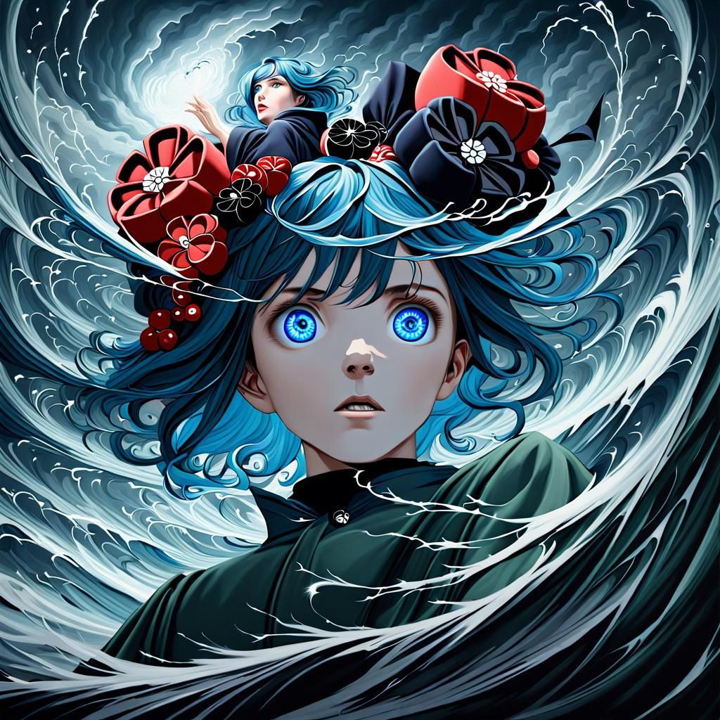 Blue-Haired Man Crying in Stormy Dark Fantasy Painting