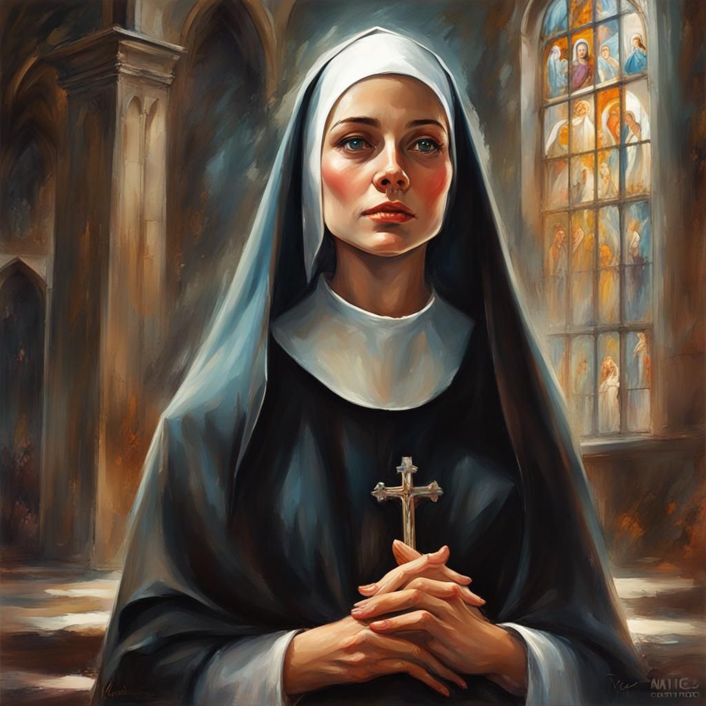 A nun praying in church