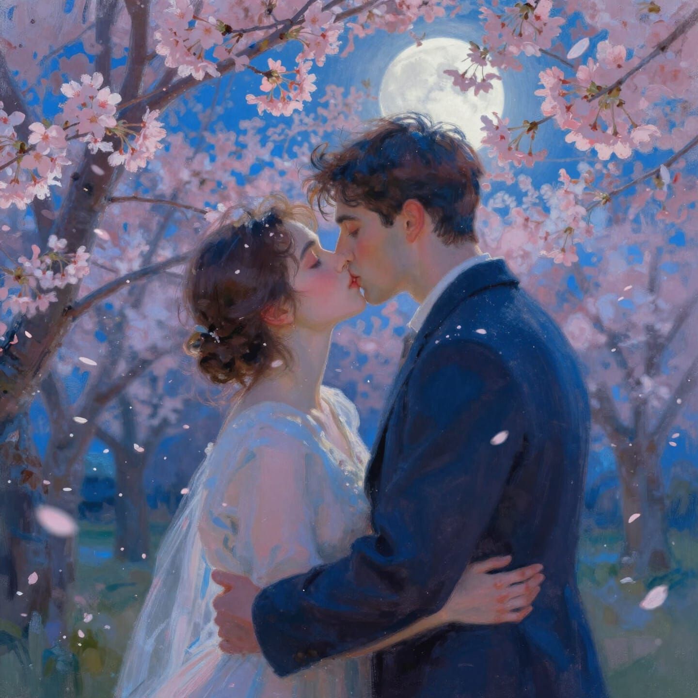 Romantic Couple Kissing Under Moonlight Cherry Blossoms