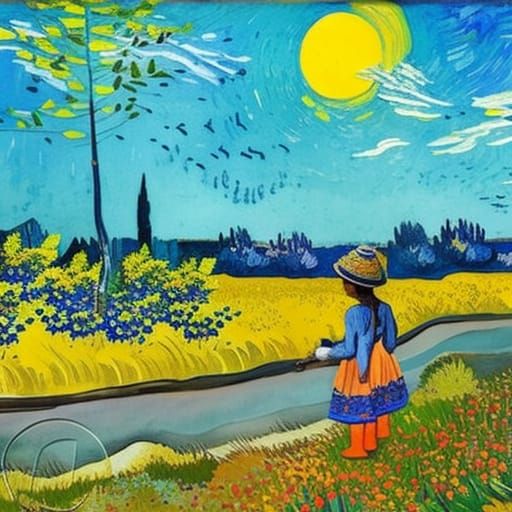 Prairie Flower Girl: An Impressionist Gouache Painting