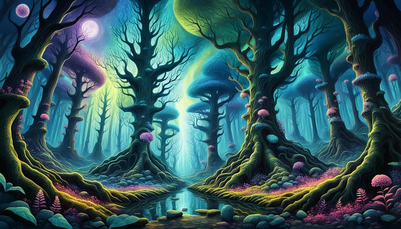 Psychedelic Liminal Space Forest of Enlightenment