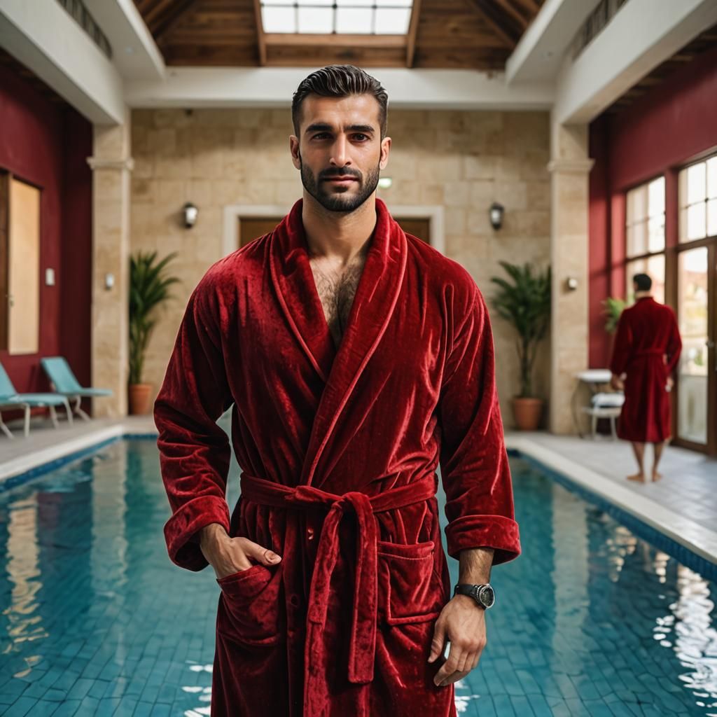 Man in Red Bathrobe at Swimming Pool