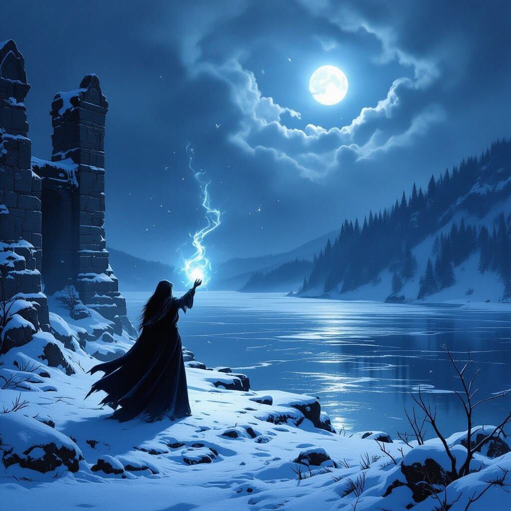 Witch Casting Winter Spell on Frozen Lake in Dark Fantasy Ar...