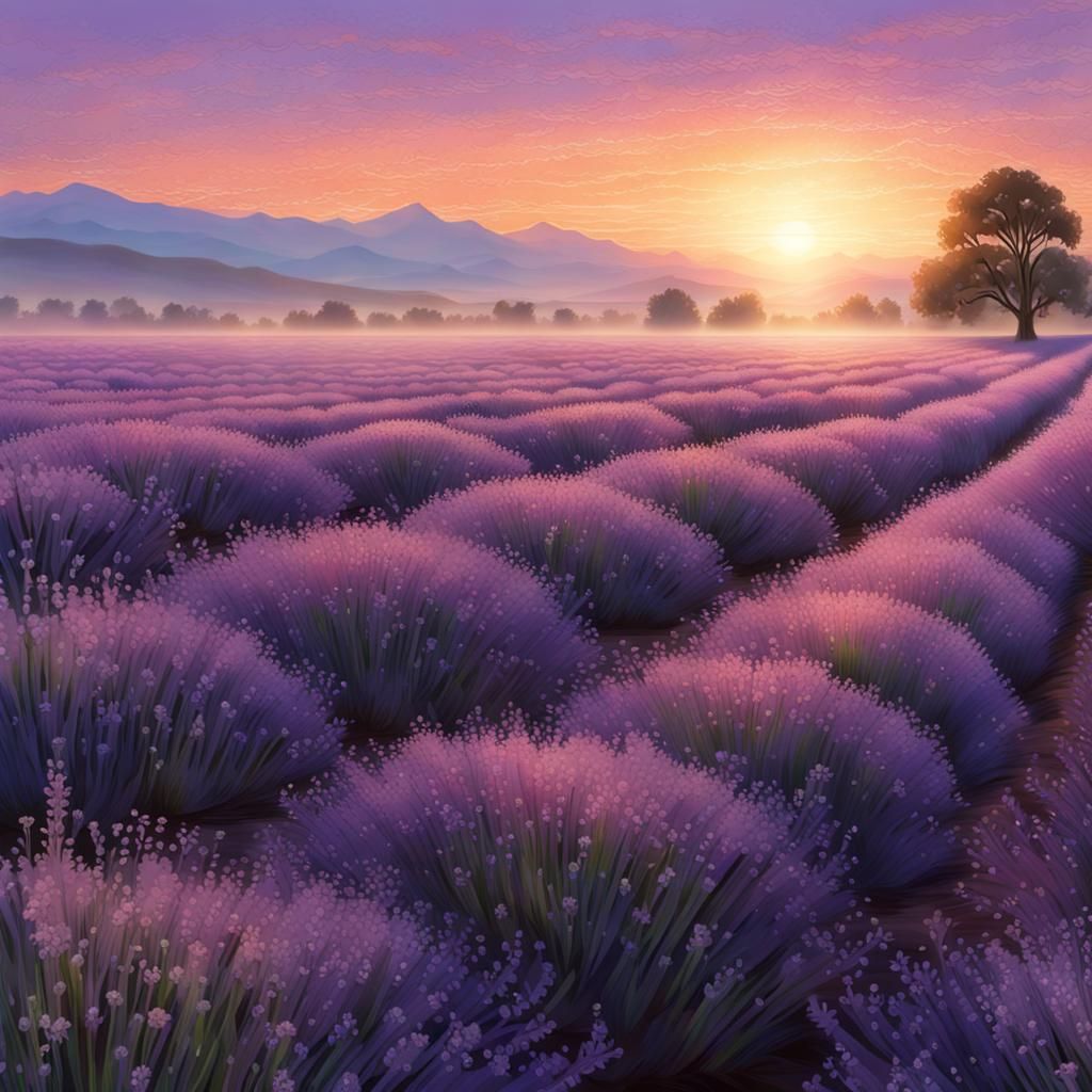 Realistic Sunrise Over Lavender Field with Dew