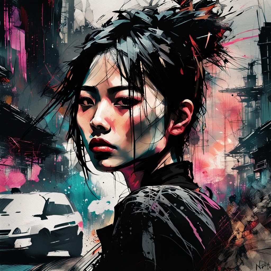 Urbanpunk Portrait of Asian Girl in Neo-Expressionist Style