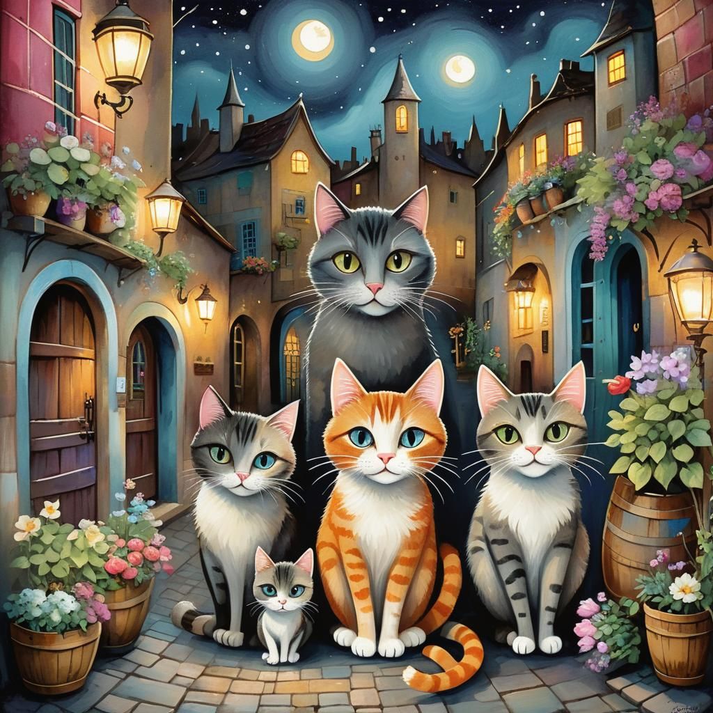 Whimsical Cats in Moonlit Village Illustration