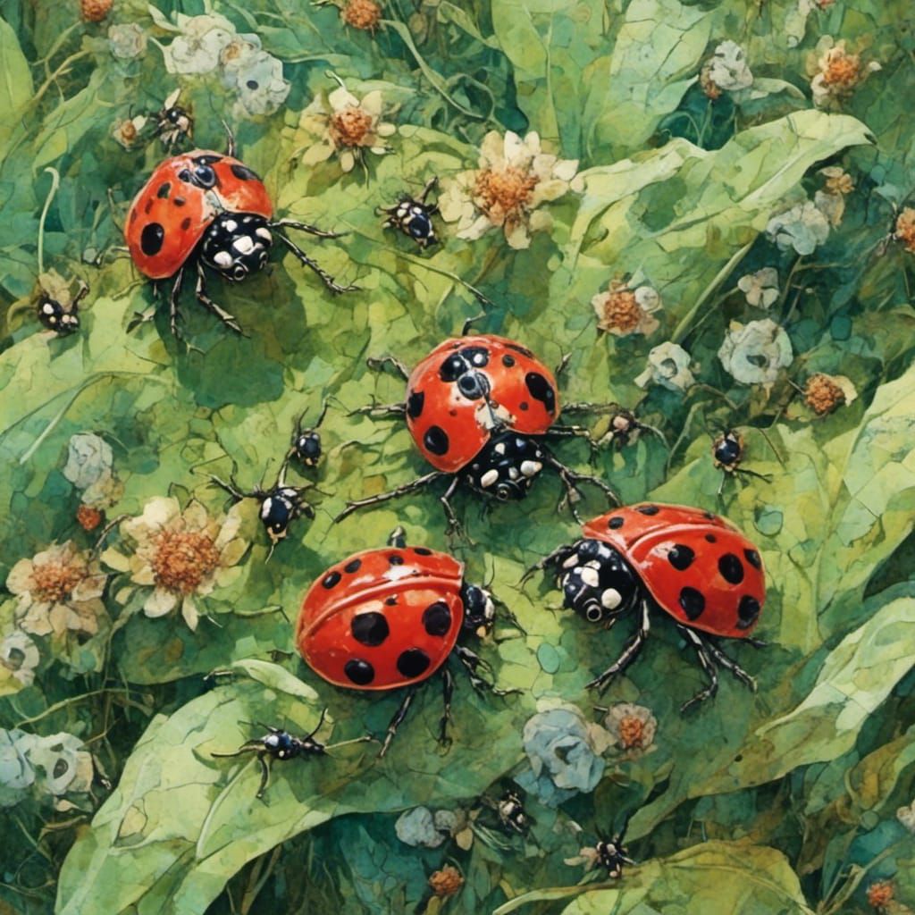 Ladybugs Resting on Leaves in a Garden