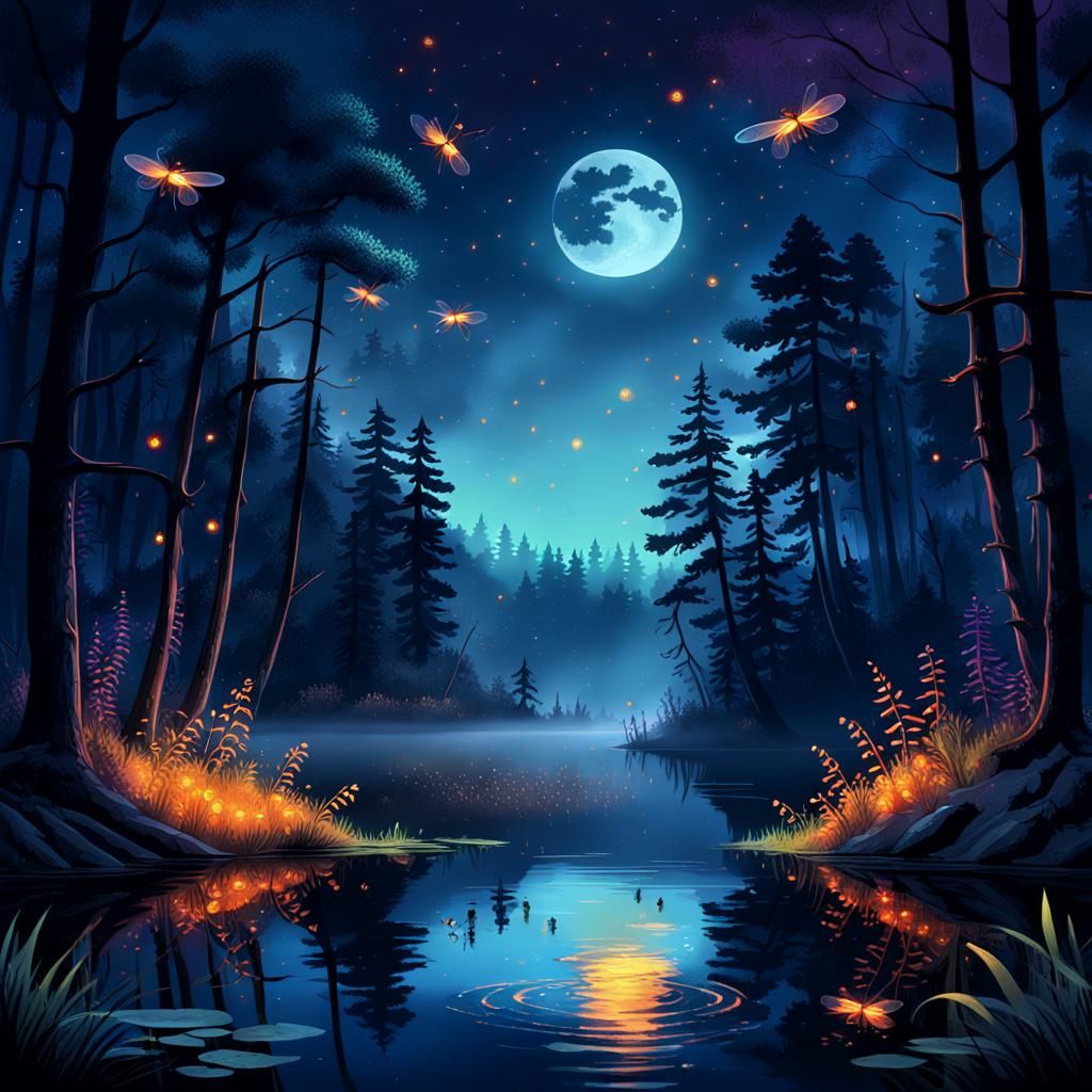 Fireflies Dance Above Forest Lake in Oil Painting Style