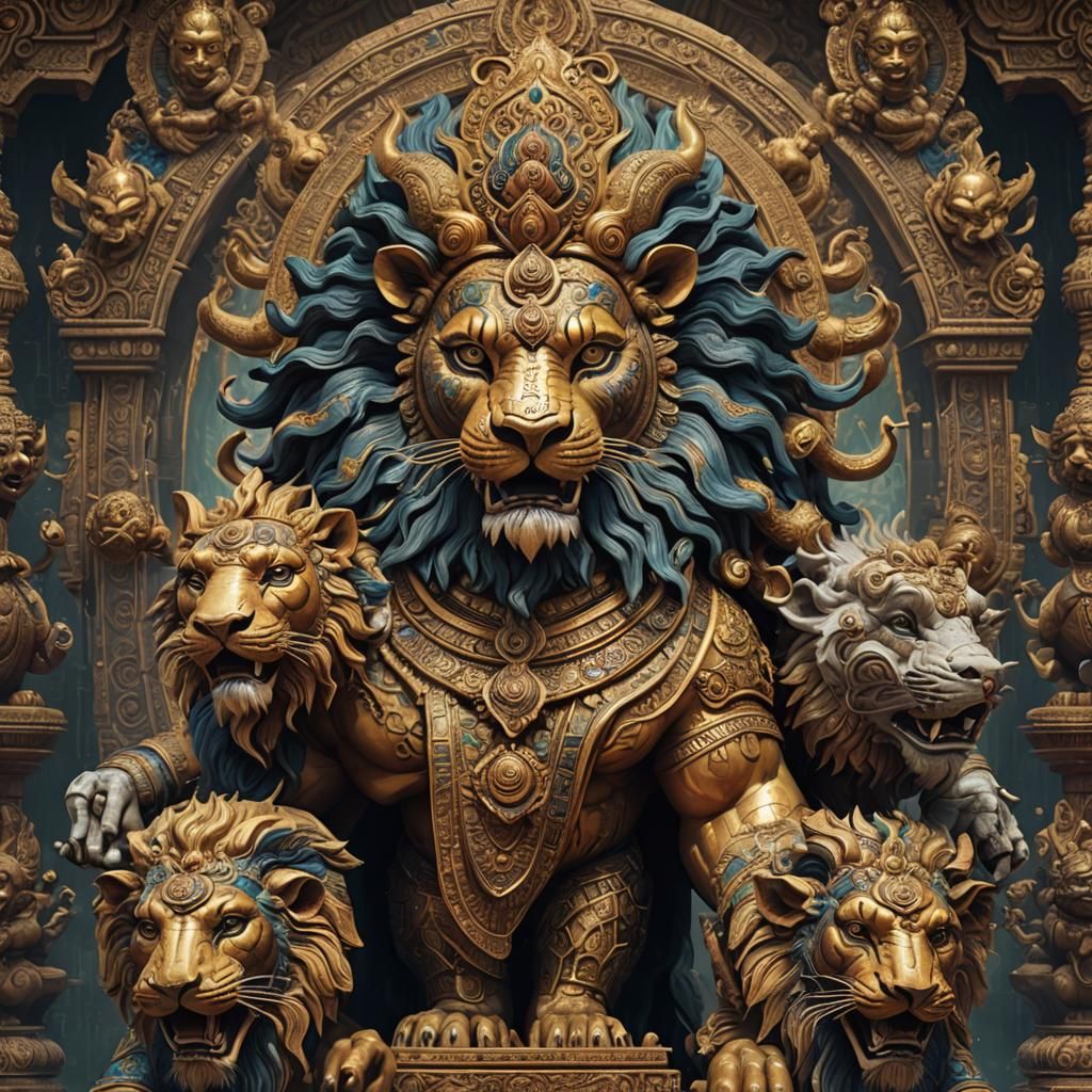 Vaikuntha Chaturmurti: Four-Headed Vishnu in Detailed Digita...