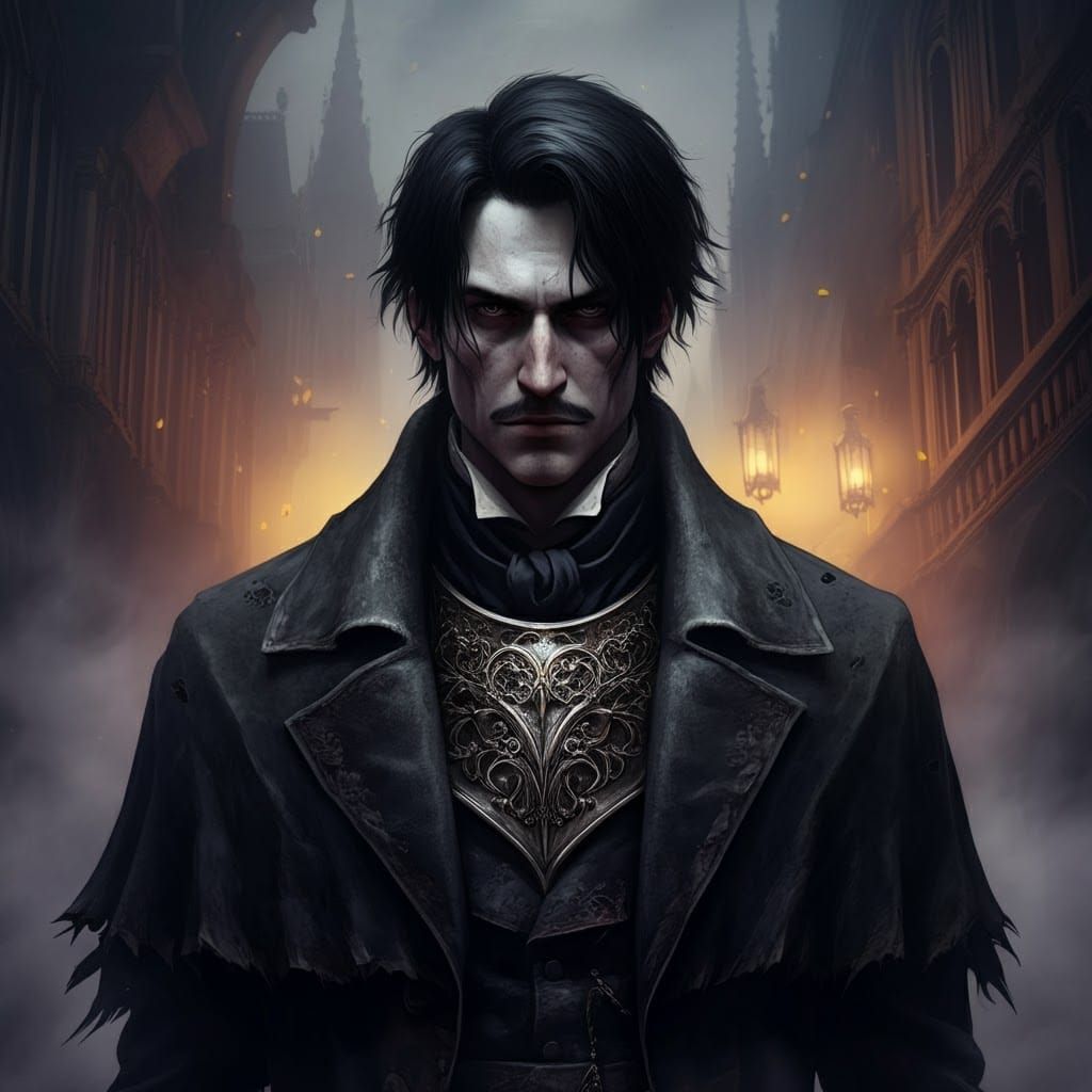 Victorian Shadow Figure in Mist-Shrouded Metropolis