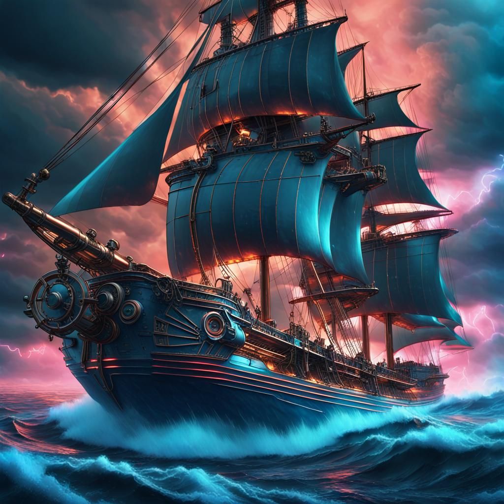 Dieselpunk Sailing Ship Navigates a Synthwave Storm