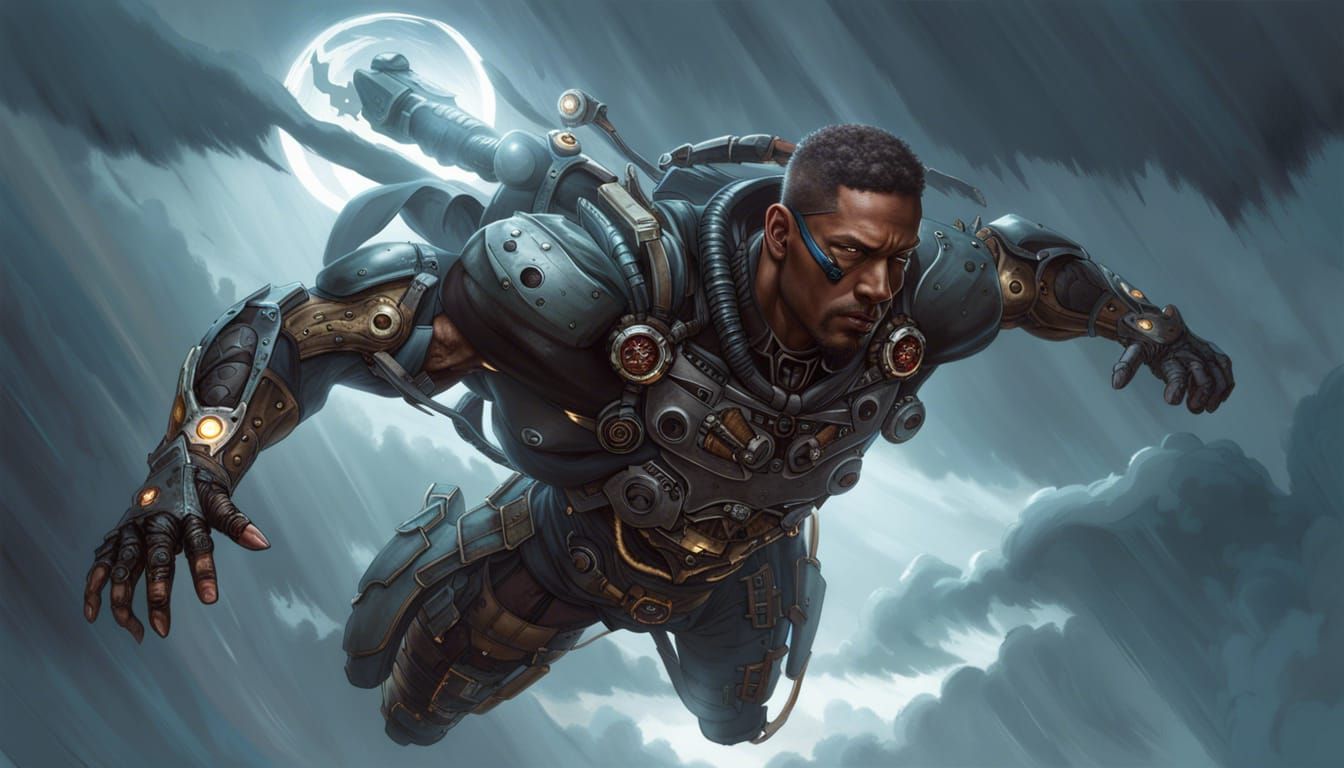 Cyborg Parachuting in Storm, Hyperdetailed Concept Art