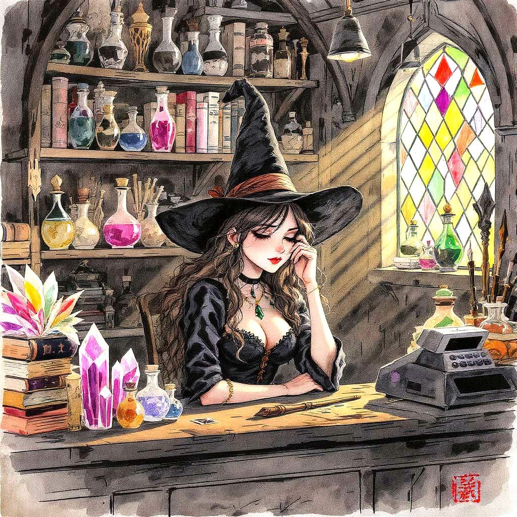 Pretty Witch Bored in Her Magic Shop