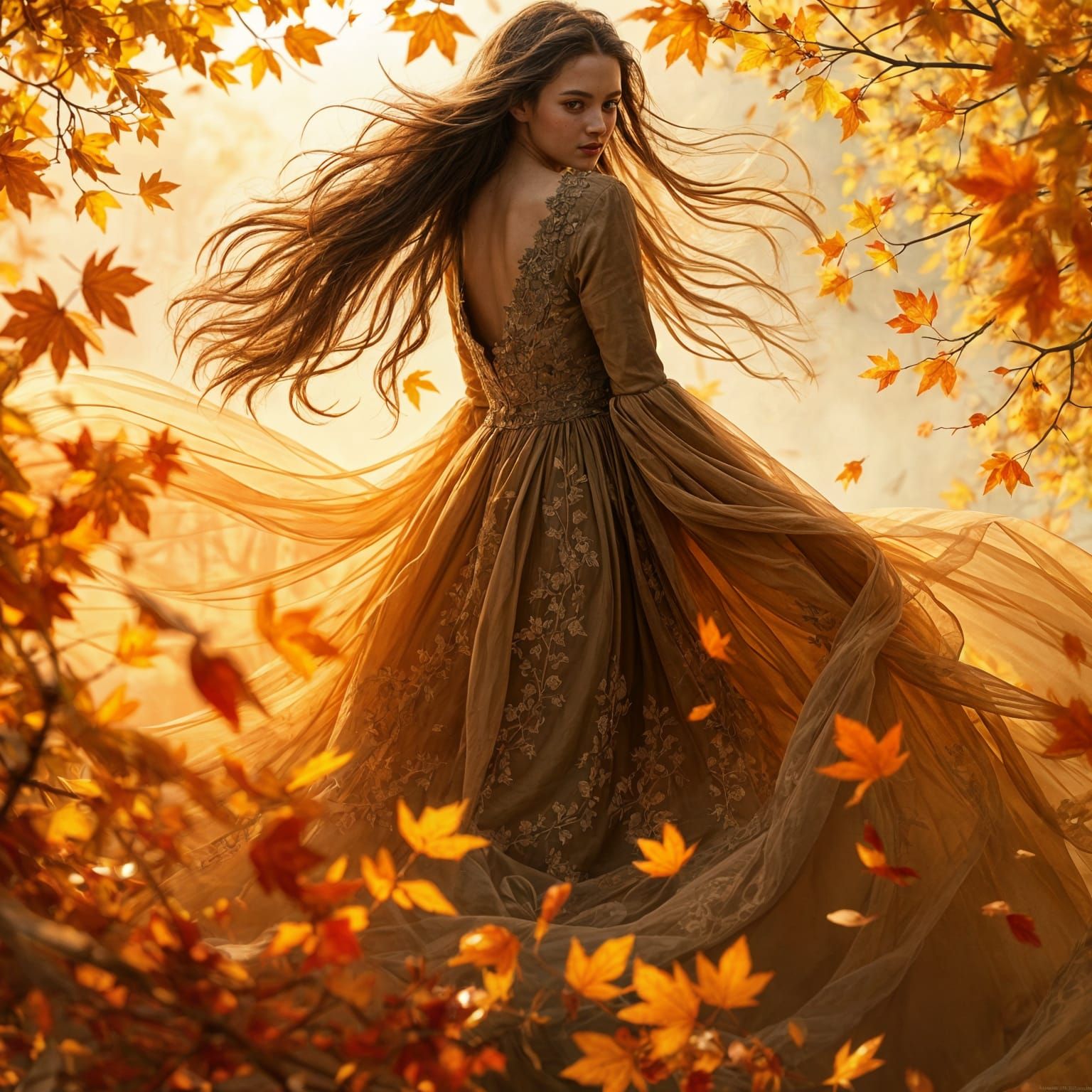 Woman in Autumn Dress Amidst Falling Leaves