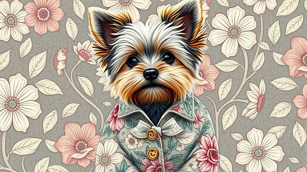 Yorkie Dog in Botanical Jacket, Impressionistic Style