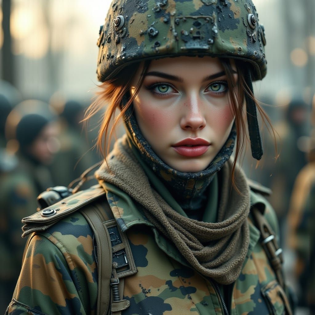Camouflage Soldier in Dark, Realistic Portrait