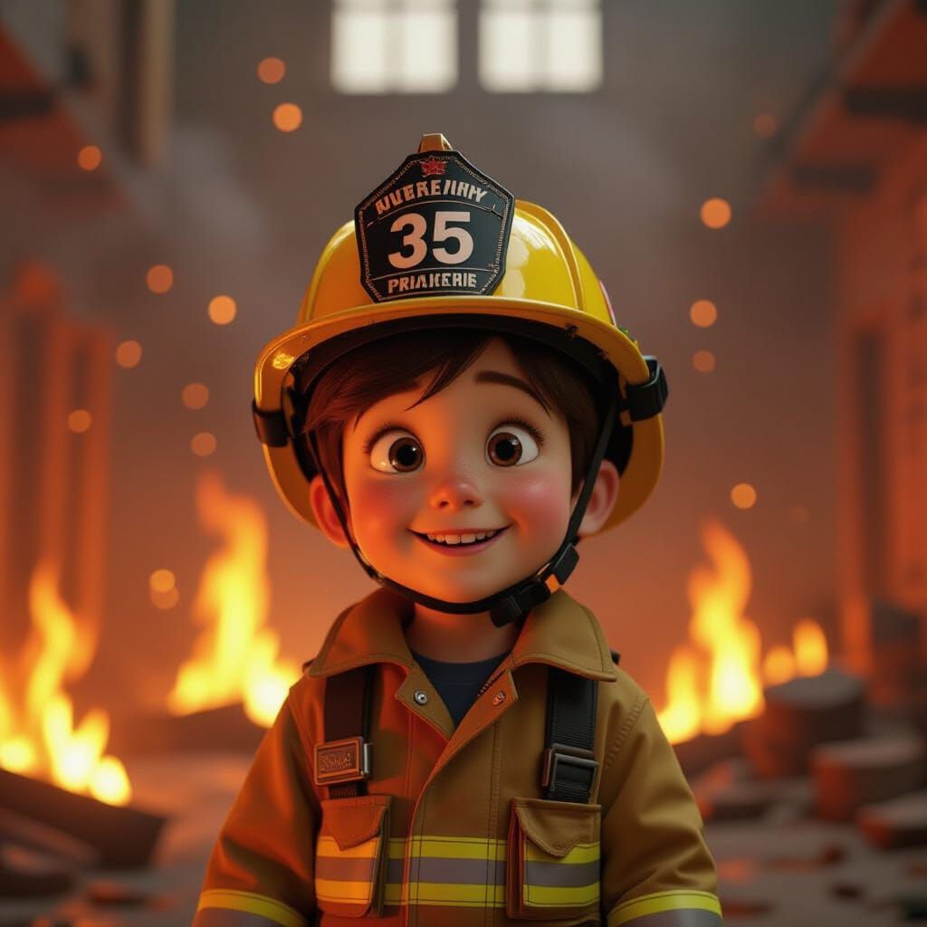 Pixar Child in Burning Room with Golden Lighting