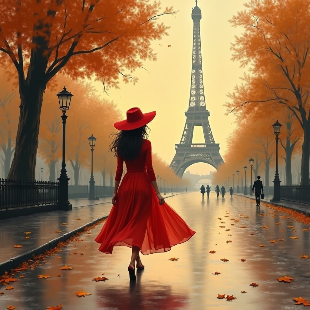 Autumn Sunrise at Eiffel Tower in Impressionist Style