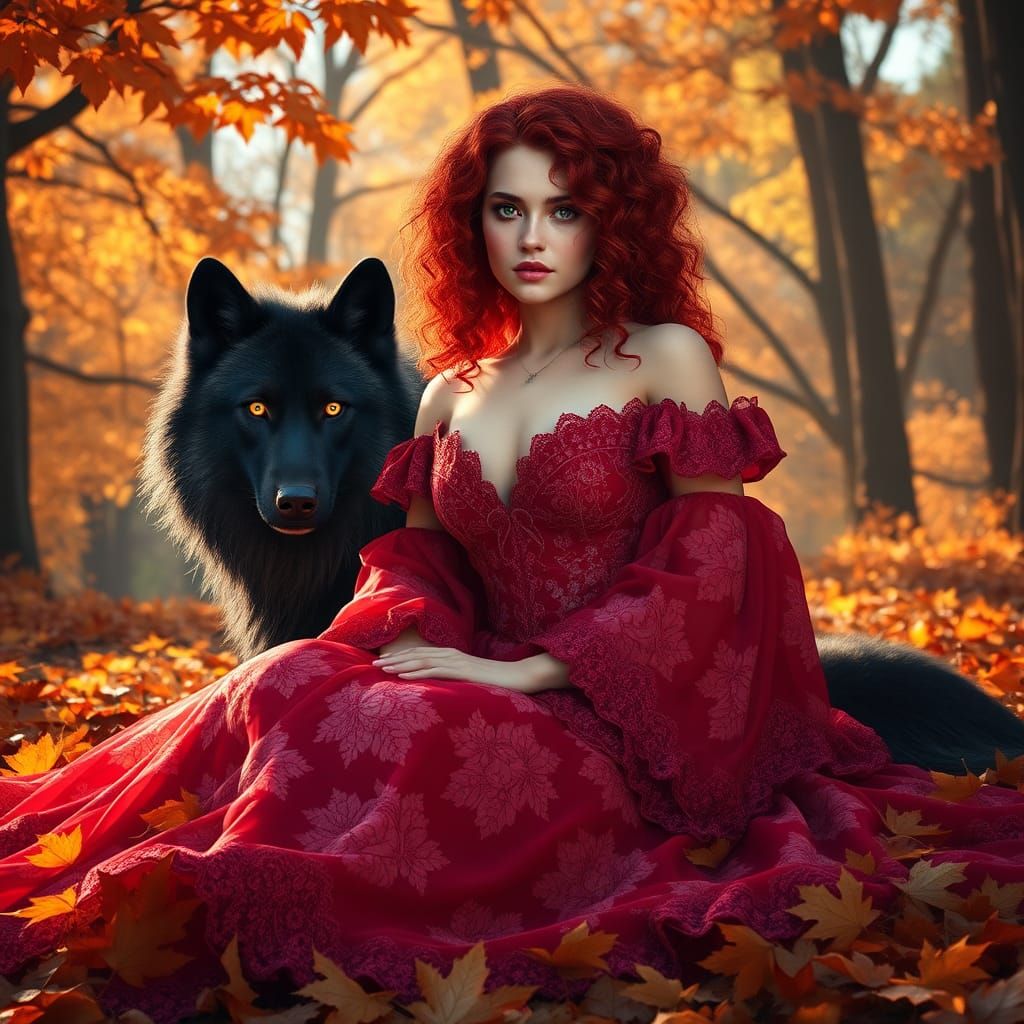 Autumnal Beauty Beside Ebony Wolf, Fantasy Art