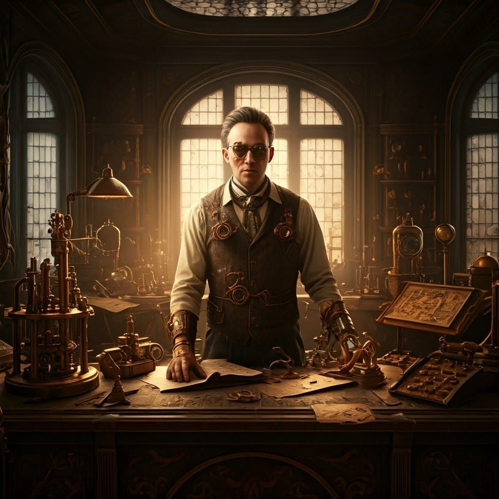Steampunk Inventor in Nostalgic Laboratory