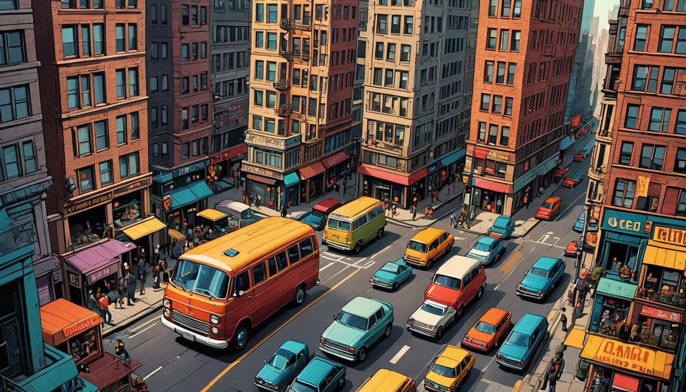 Colorful Retro Van in City, Comic Book Art