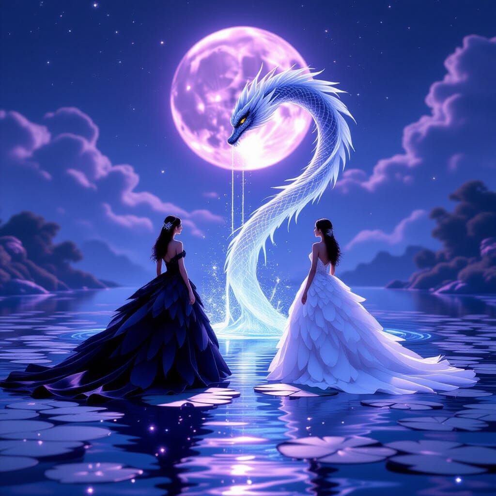 Ethereal Swan Girls and Liquid Dragon Under Purple Moon