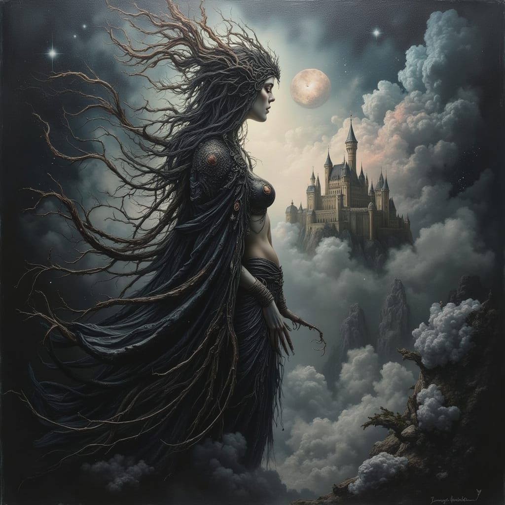 Ethereal Goddess Presiding Over Spectral Castle in Oil Paint...