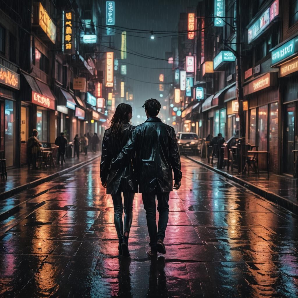 Couple Walks City Street at Night in Neon Light
