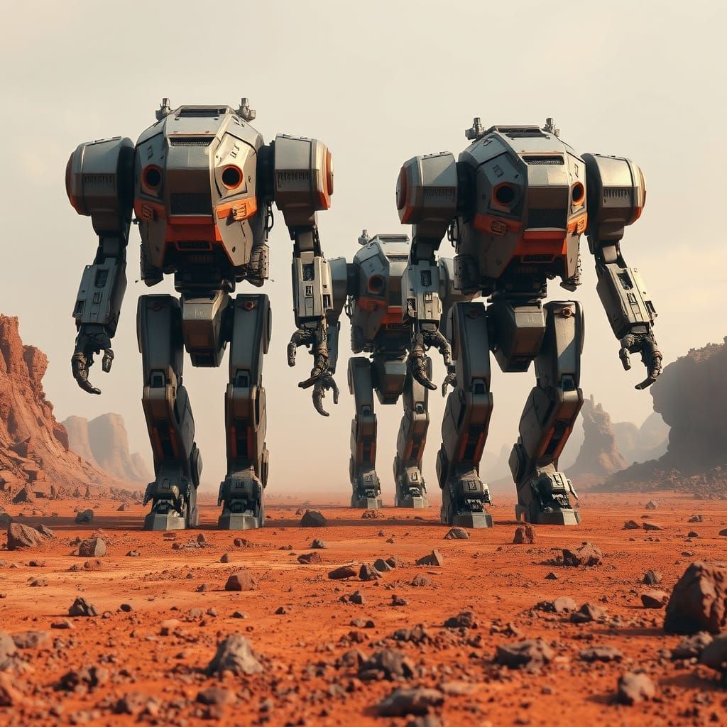 Giant Mechas March Across Toxic Wasteland in Cyberpunk Style