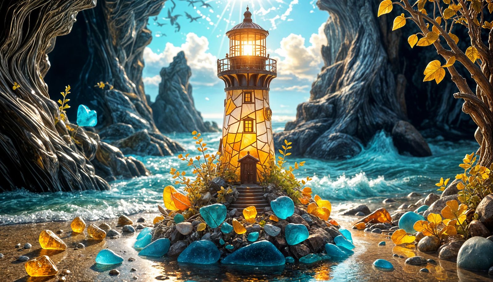 Glowing Seaglass Lighthouse in Golden October Light