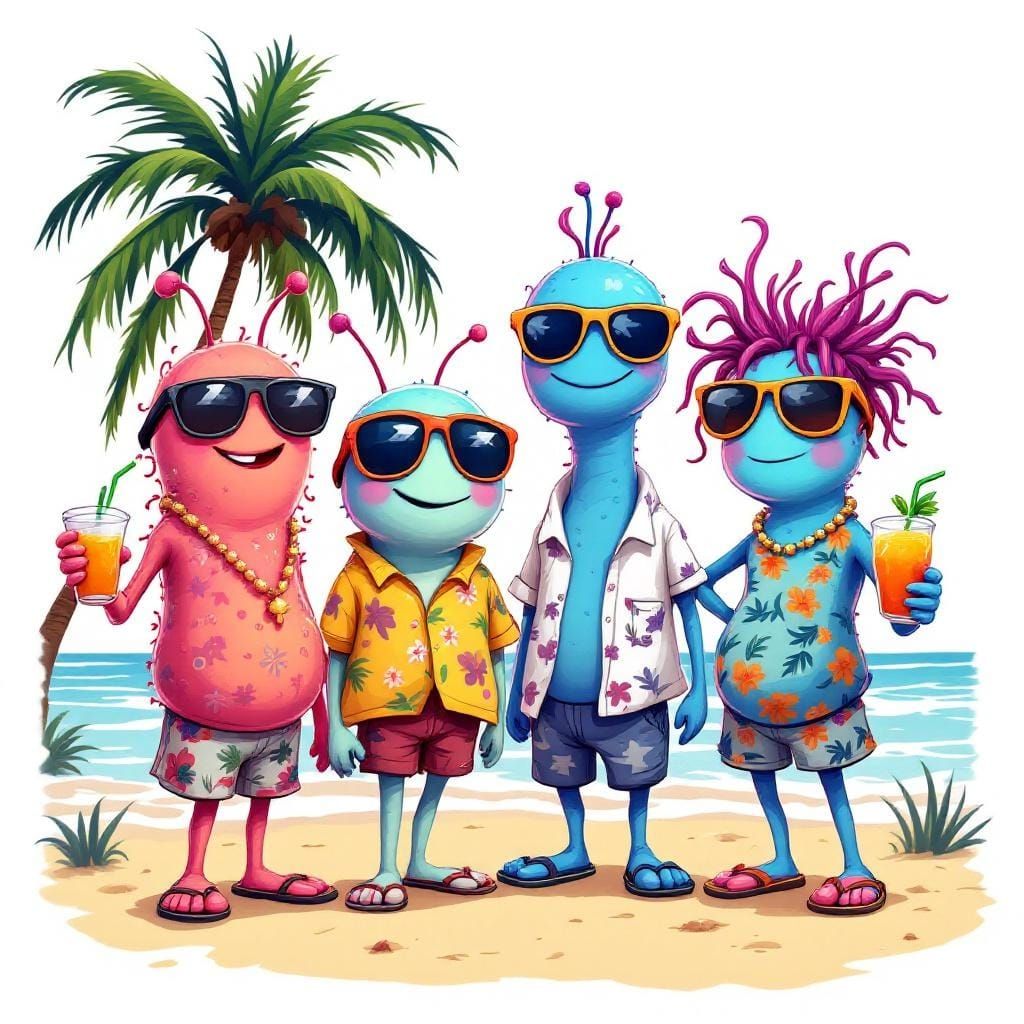 Anthropomorphic Bacteria Enjoying a Tropical Beach Vacation