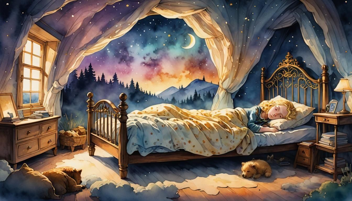 Sleeping Goldilocks in Tiny Bed: Digital Watercolor