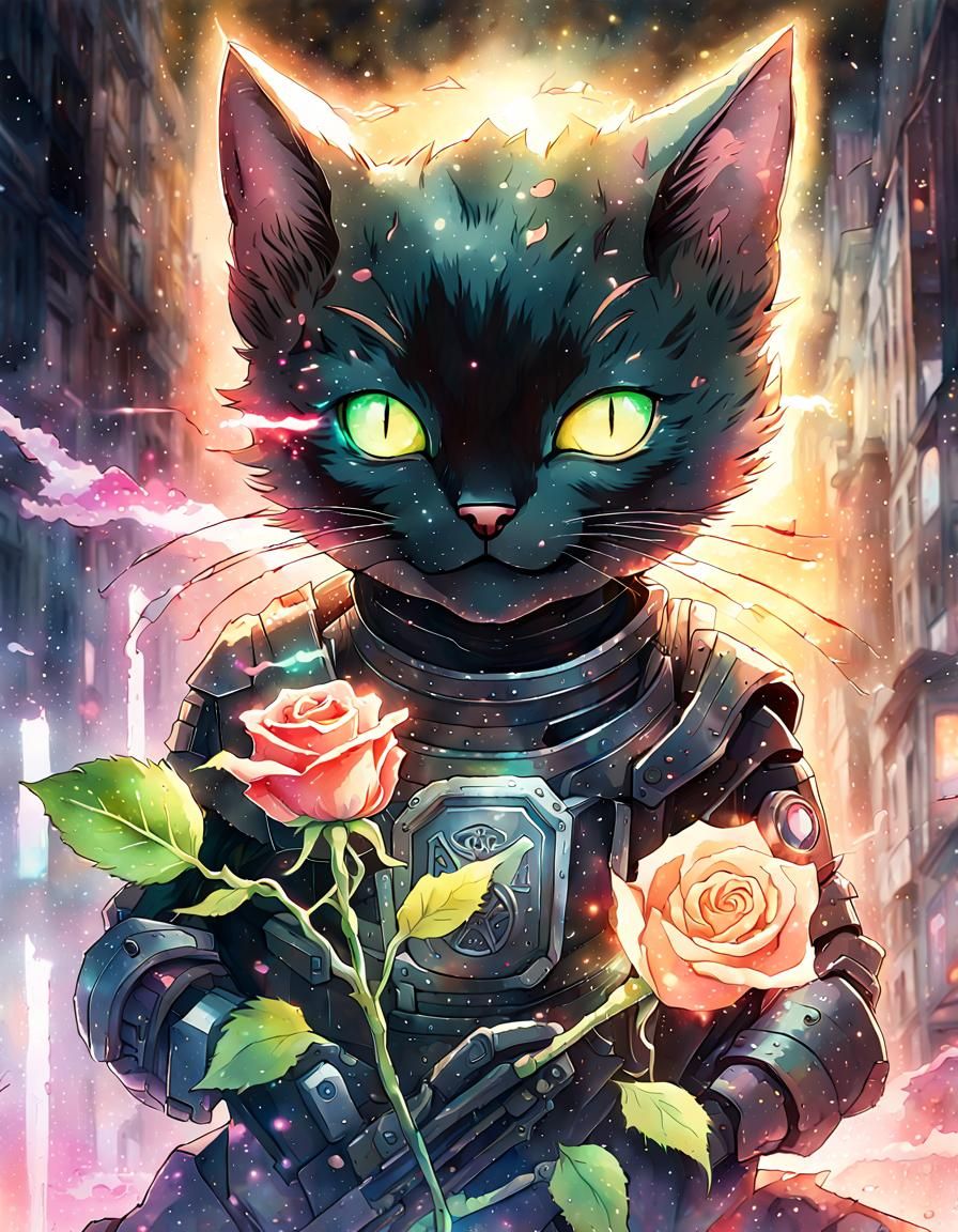 Cyberpunk Kitten Knight with Rose, Watercolor Sfumato