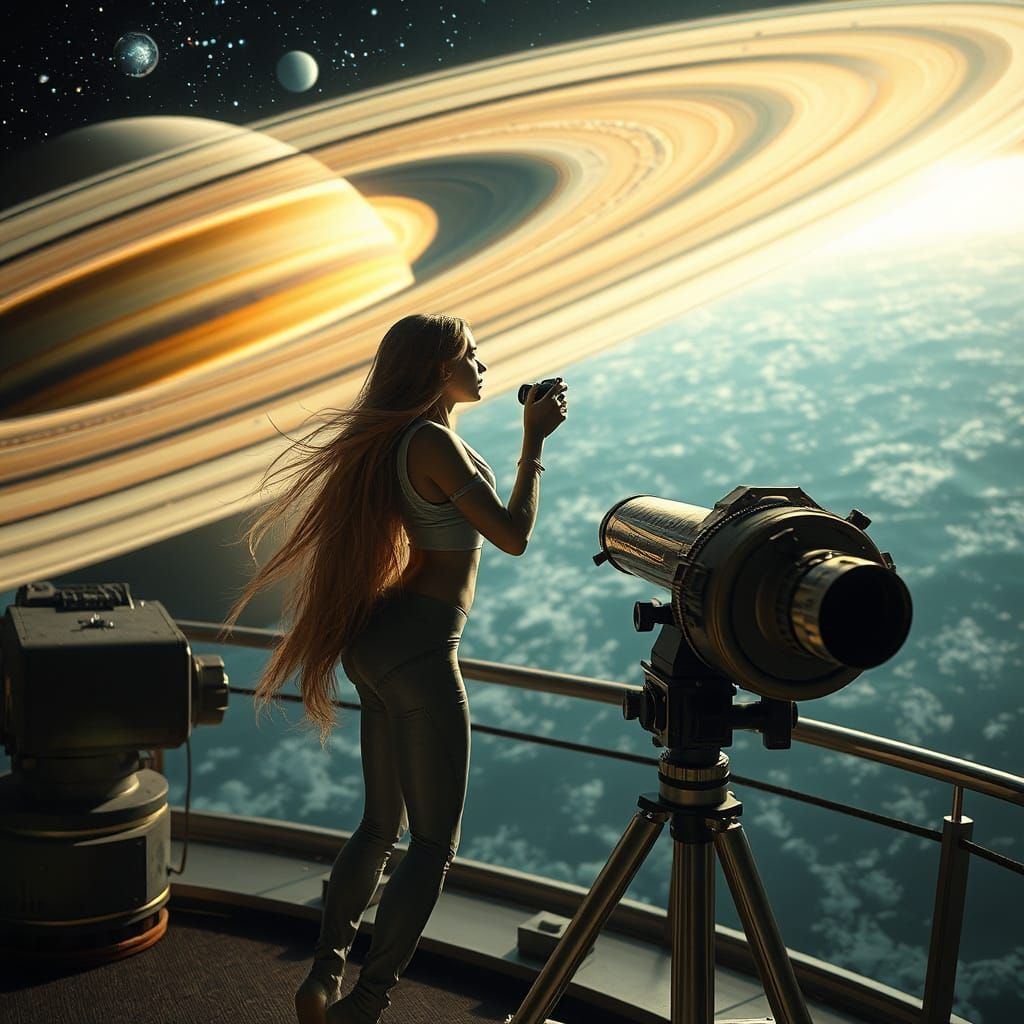 Ethereal Astronomer Amidst Saturn's Rings