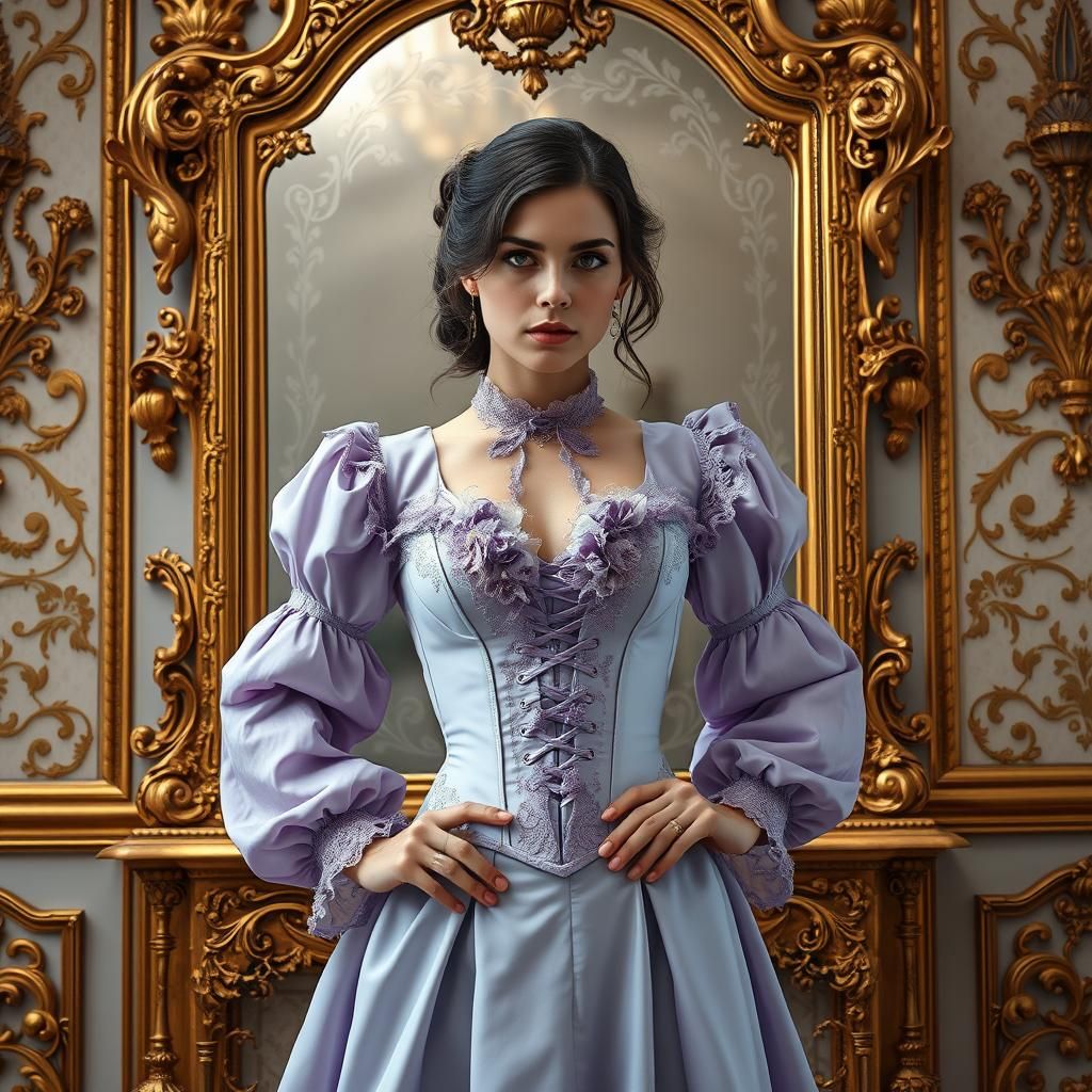 Baroque Boudoir: Woman and Ornate Mirror, Photorealistic