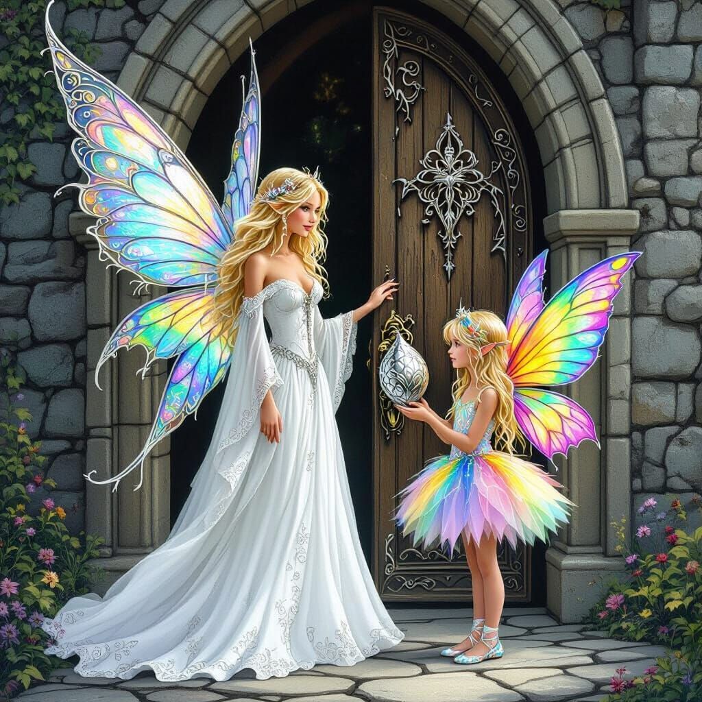 Fairy and Girl at Castle Door with Silver Wings