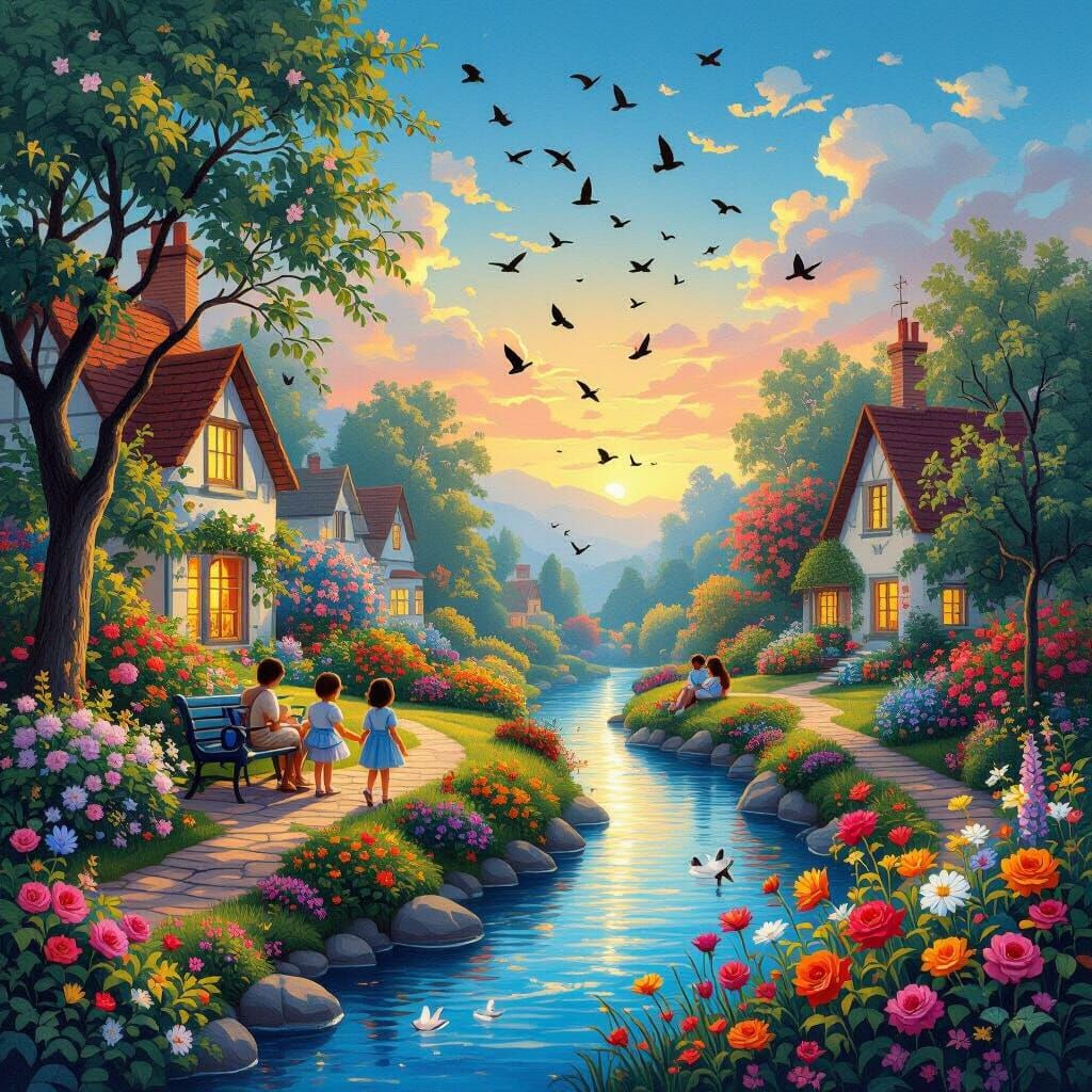 Whimsical Flower Village with Children and Birds