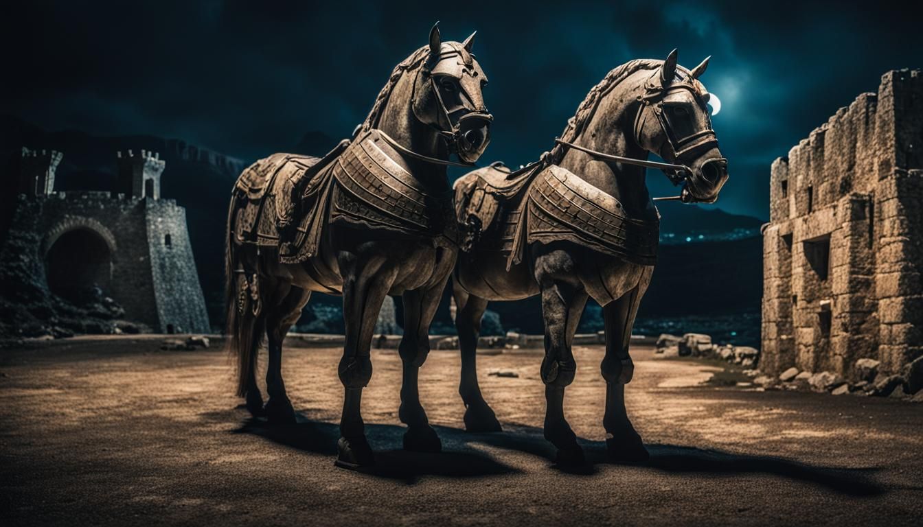 Greeks Guard a Giant Wooden Horse by Moonlight