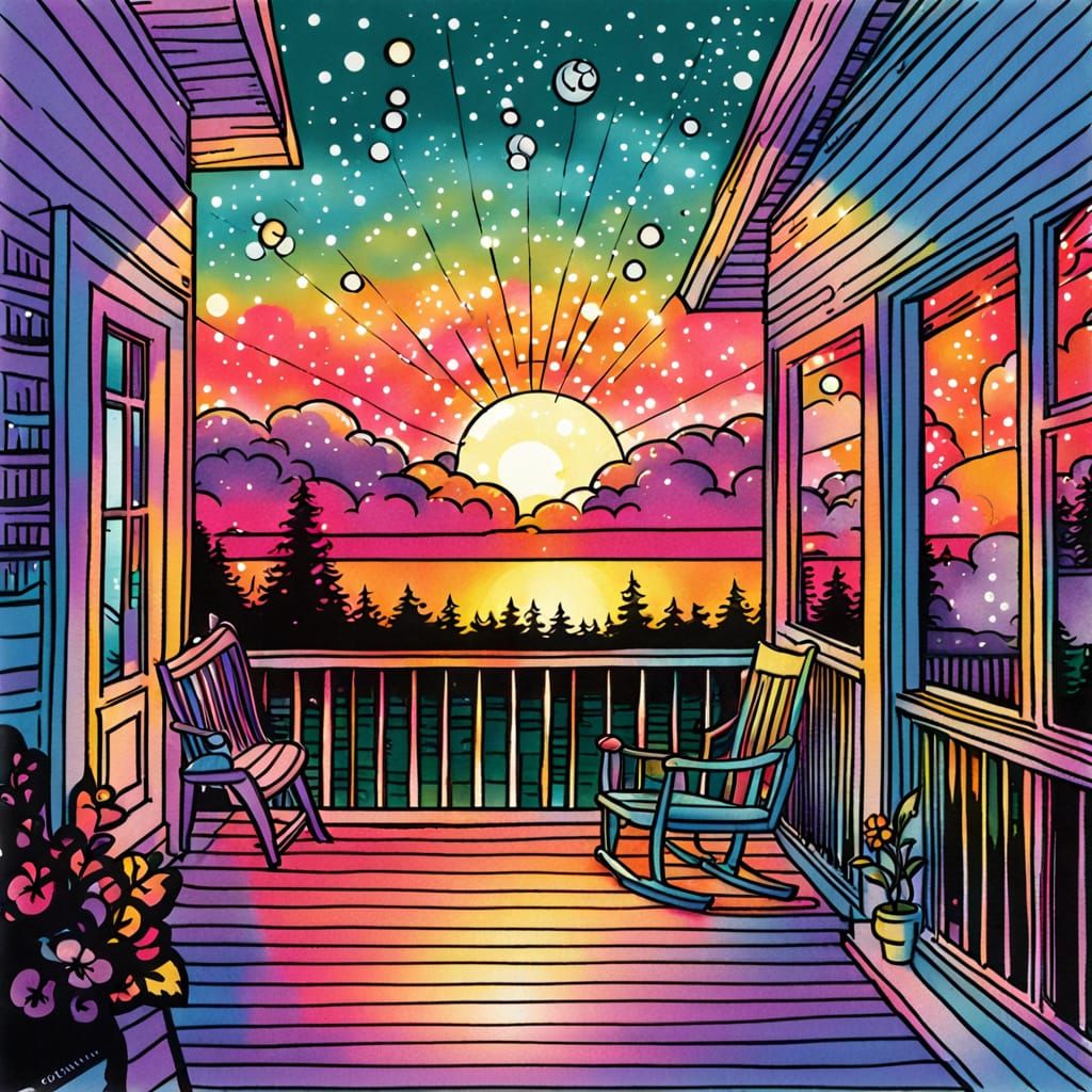 Sparkling Ink Sunset from a Colorful Porch