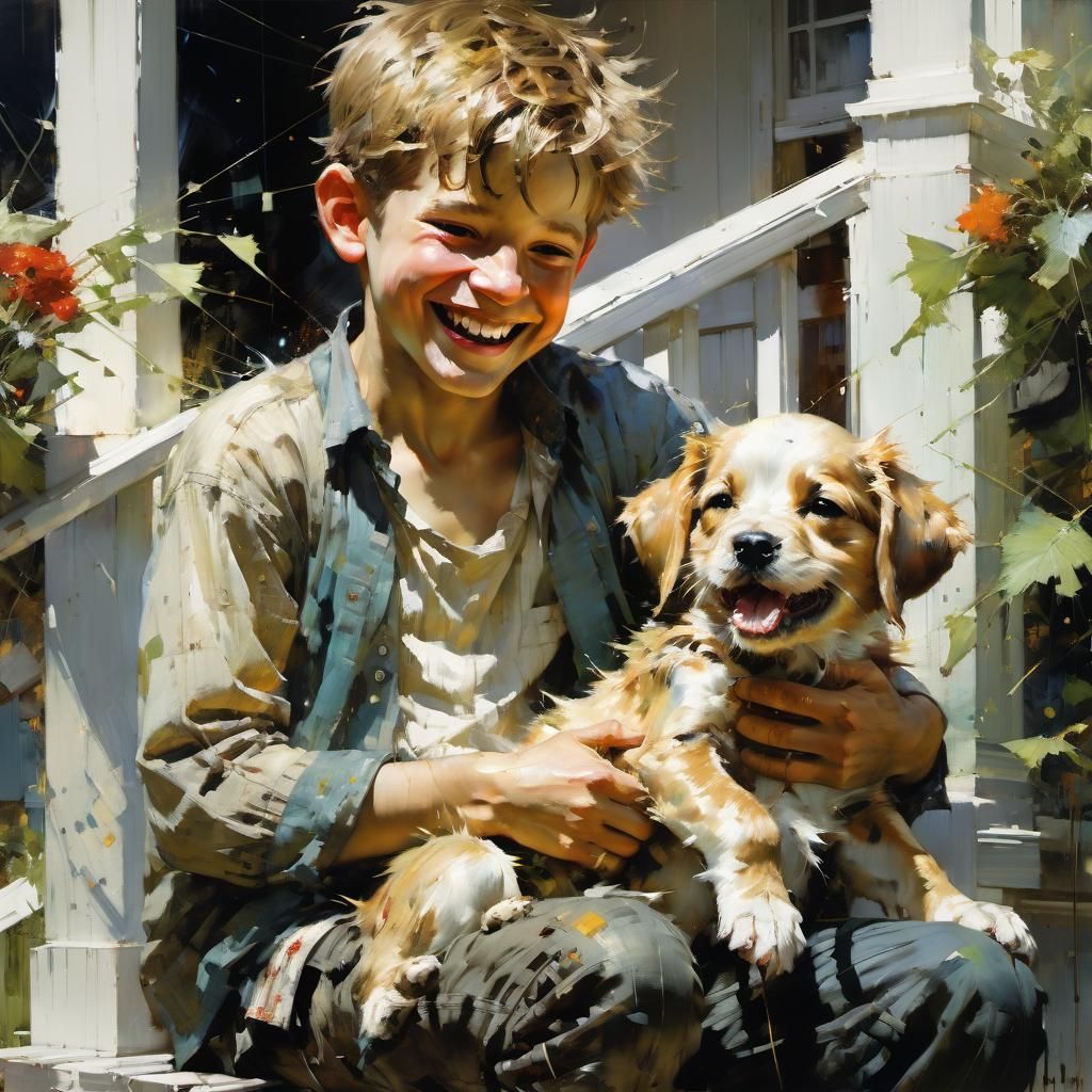 Boy and Puppy: Joyful Moment as Fine Art