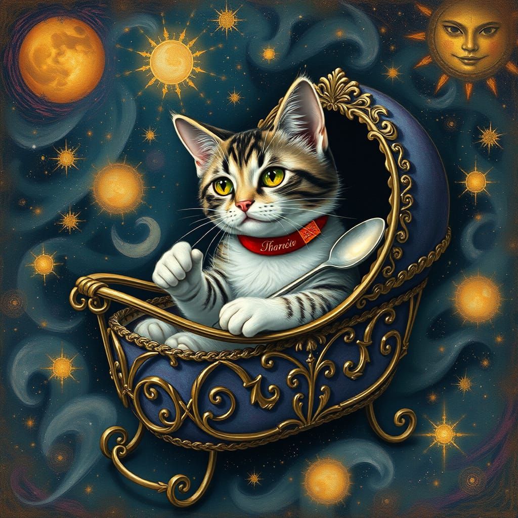 Ornate Cradle: Cat's Surreal Celestial Dream