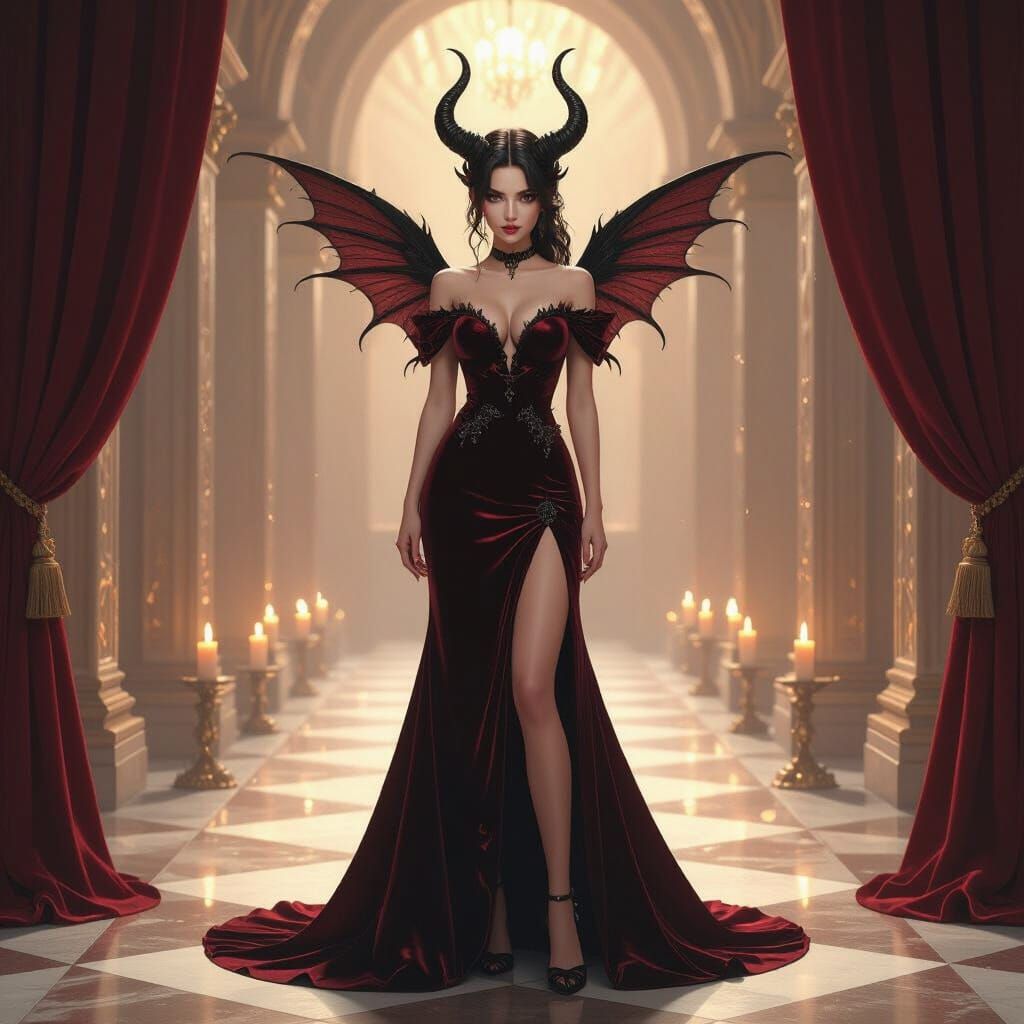 Mysterious Woman in Candlelit Hall with Wings