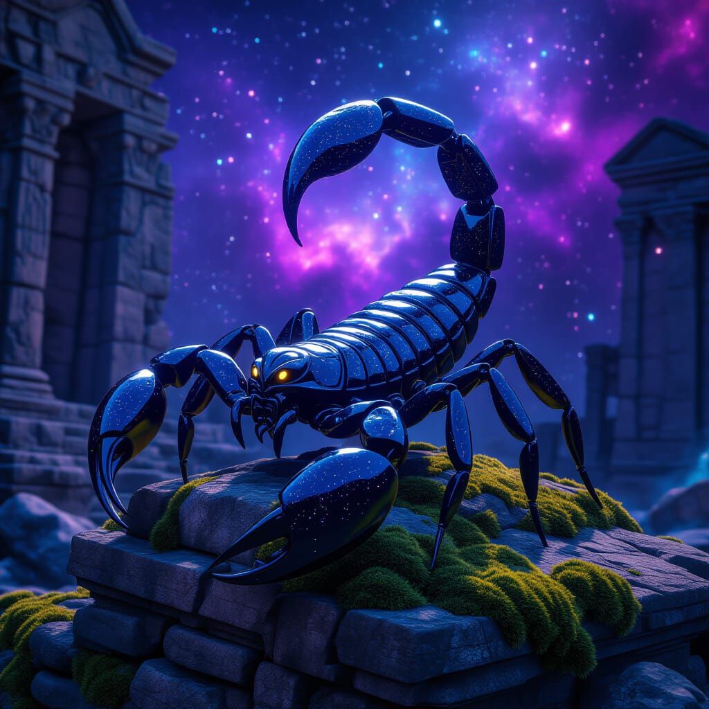 Obsidian Scorpion with Cosmic Patterns on Ancient Ruins