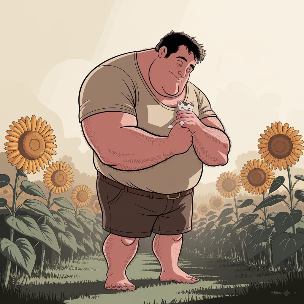 Gentle Giant Man Cradles Kitten Amidst Sunflowers
